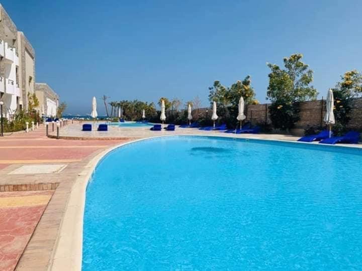 a large blue swimming pool next to a building at Ferienwohnung in Cecelia Resort in Hurghada