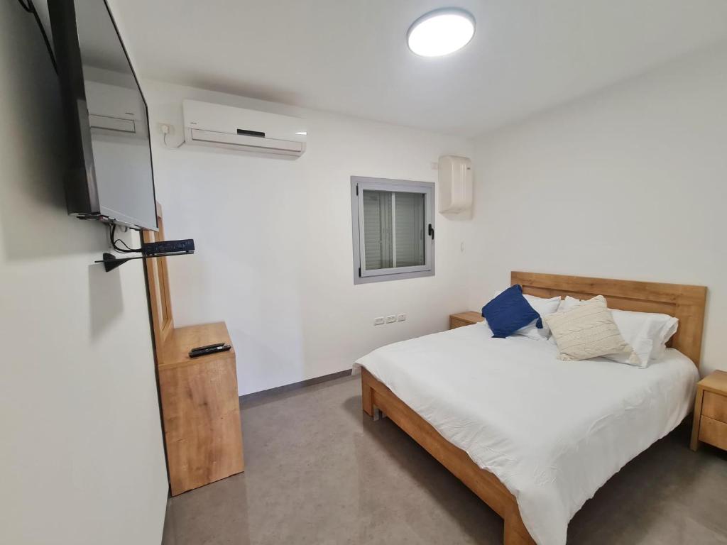 Schlafzimmer mit einem Bett und einem Flachbild-TV in der Unterkunft Ben house in Tiberias