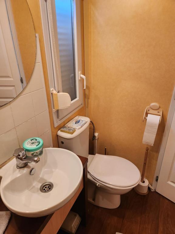 a bathroom with a toilet and a sink and a mirror at Mobil home 6 personnes Forêt des landes in Mimizan