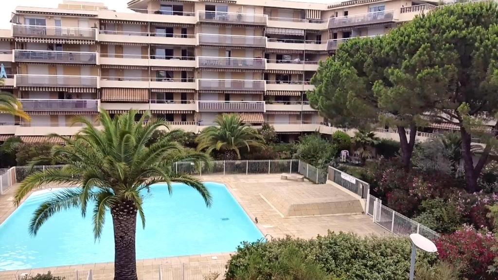 フレジュスにあるRésidence La Miougrano Fréjus plageのヤシの木とスイミングプール付きの大きなアパートメントです。