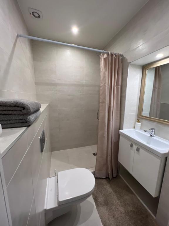a white bathroom with a toilet and a sink at Vėtrungės Apartamentai in Klaipėda