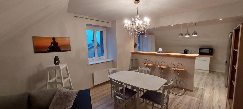 唐萊沃斯熱的住宿－charmant & relaxant F3，一间带桌椅的客厅和一间厨房