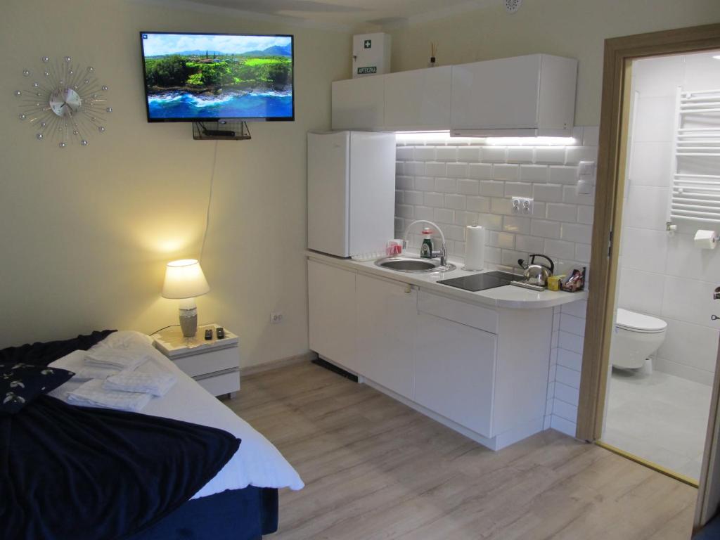 a white kitchen with a sink and a tv on the wall at Apartamenty Anagora Kotlina Kłodzka III in Nowa Ruda
