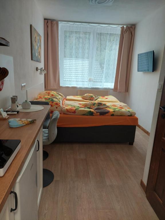 een kleine slaapkamer met een bed en een raam bij Apartmán U dvou slunečnic in Benešov nad Černou