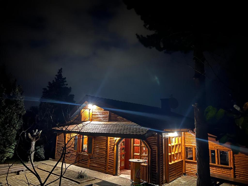eine Blockhütte in der Nacht mit eingeschaltetem Licht in der Unterkunft Wood house Marilla in Virovitica