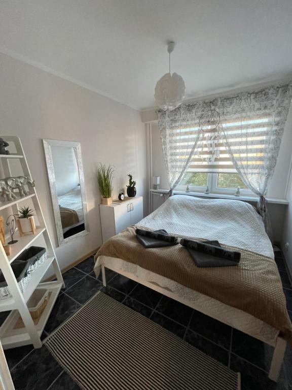 een slaapkamer met een bed met een raam en een spiegel bij Kilińskiego 35 in Ełk