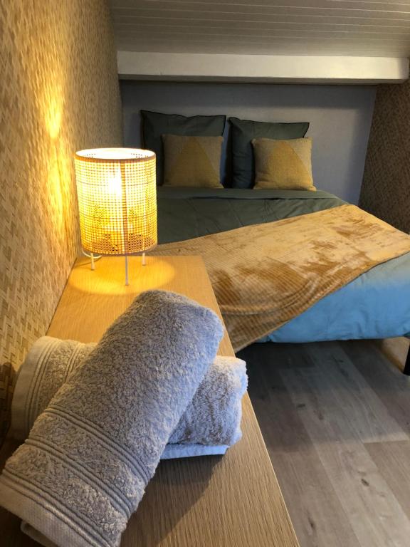 ein Schlafzimmer mit einem Bett und einem Tisch mit einer Lampe in der Unterkunft Gîte Loufiosa Vannes in Vannes
