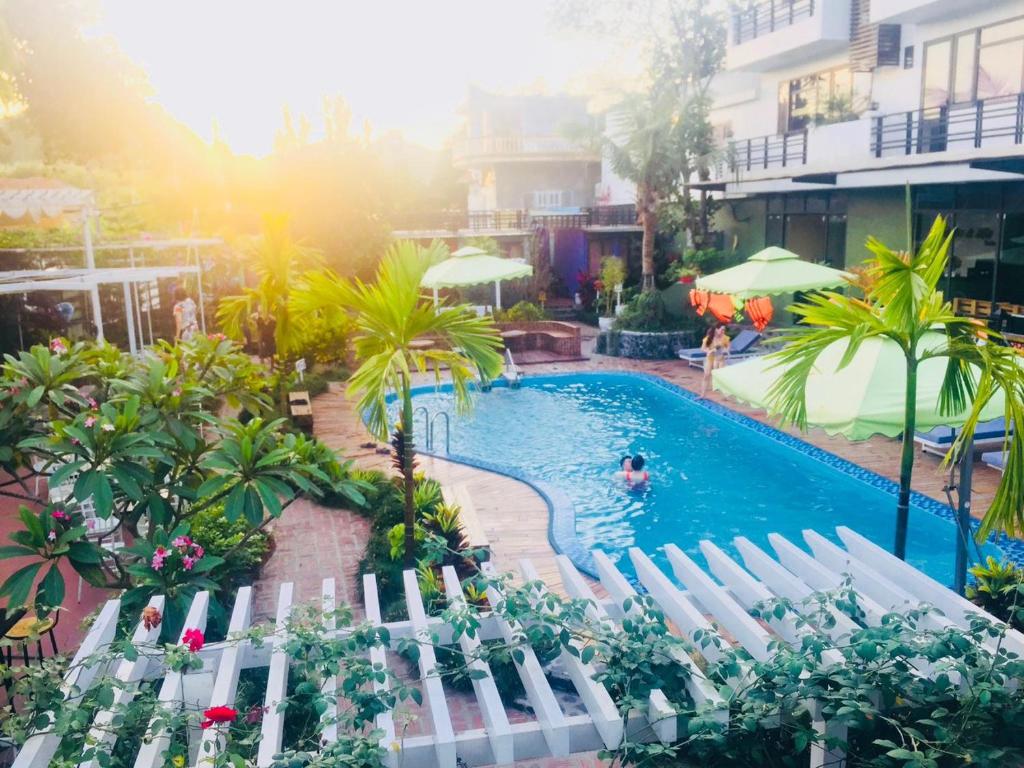 a pool at a hotel with white chairs and palm trees at Republic Hostel Cat Ba in Cat Ba