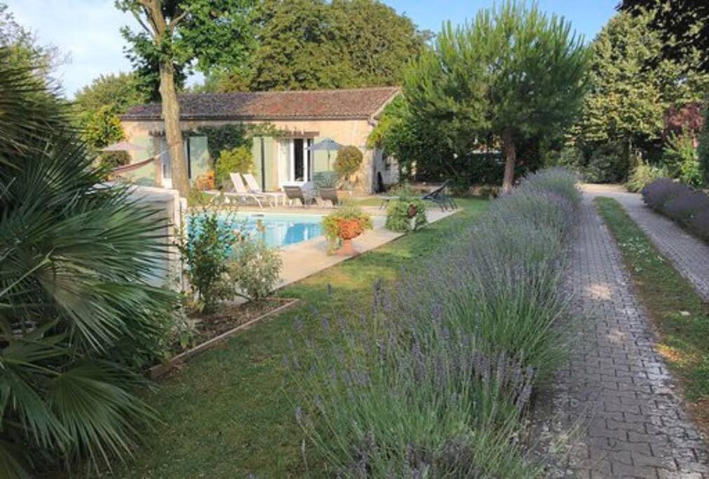 une maison avec une piscine dans une cour dans l'établissement La Grande Barbotière Villa d'Exception, à Saint-Vivien