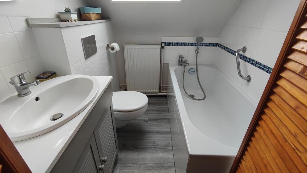 a bathroom with a sink and a toilet and a shower at La Chaumière de Chaumont in Chaumont-sur-Loire