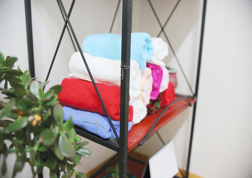 a pile of towels on a shelf with a plant at Bird Village Guesthouse Rook in Ulsan