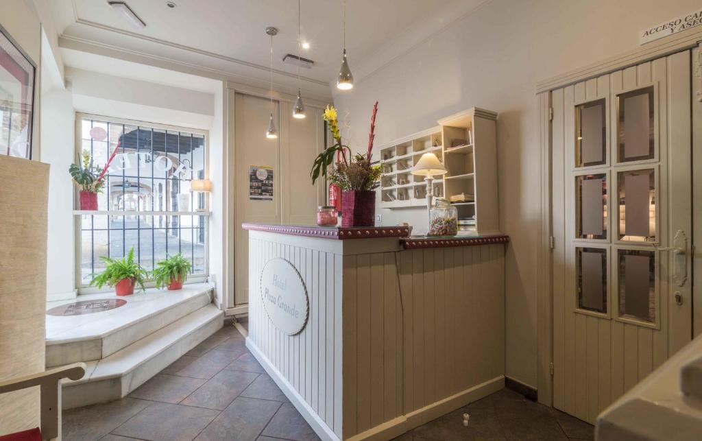 une salle avec un comptoir recouvert de plantes en pot dans l'établissement Hotel Plaza Grande, à Zafra