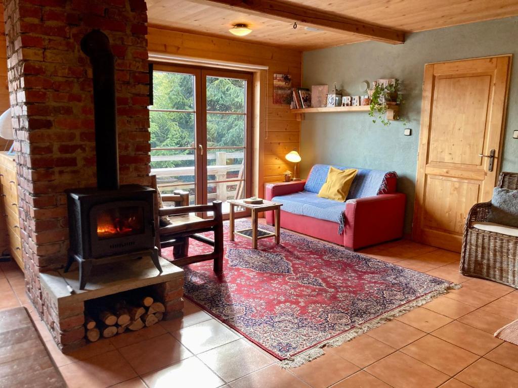 a living room with a fireplace and a red couch at U Haliny - Tyra Natura in Třinec