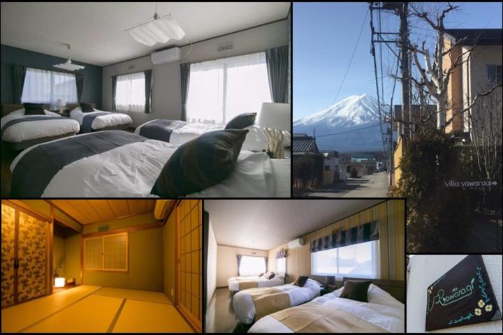 a collage of four pictures of a bedroom with beds at villa yawaragi in Fujikawaguchiko