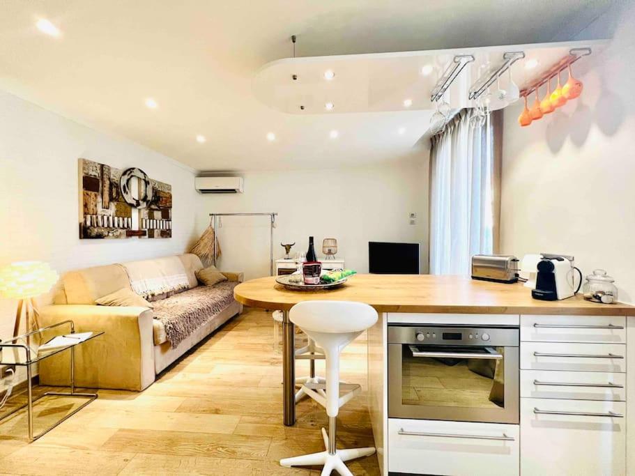 une cuisine et un salon avec un canapé et une table dans l'établissement Cannes centre , magnifique , 5 min palais, à Cannes