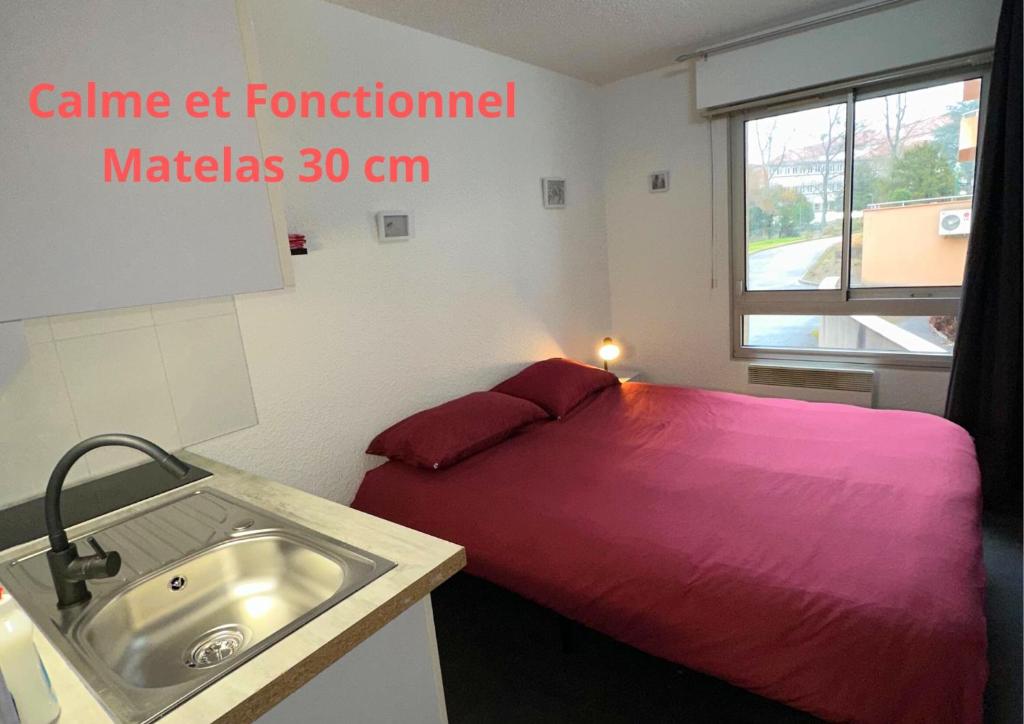 a bedroom with a red bed and a sink at Les Logis de Paray Appartement n1 in Paray-le-Monial