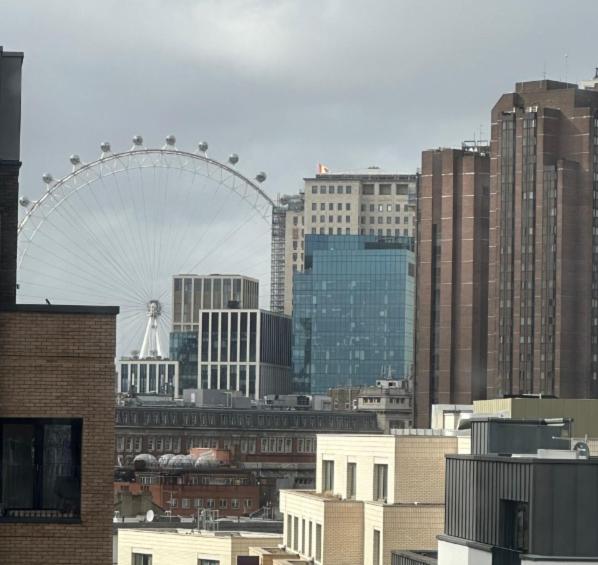 skyline della città con ruota panoramica sullo sfondo di Spacious,1 bed, balcony, Southwark Central London a Londra