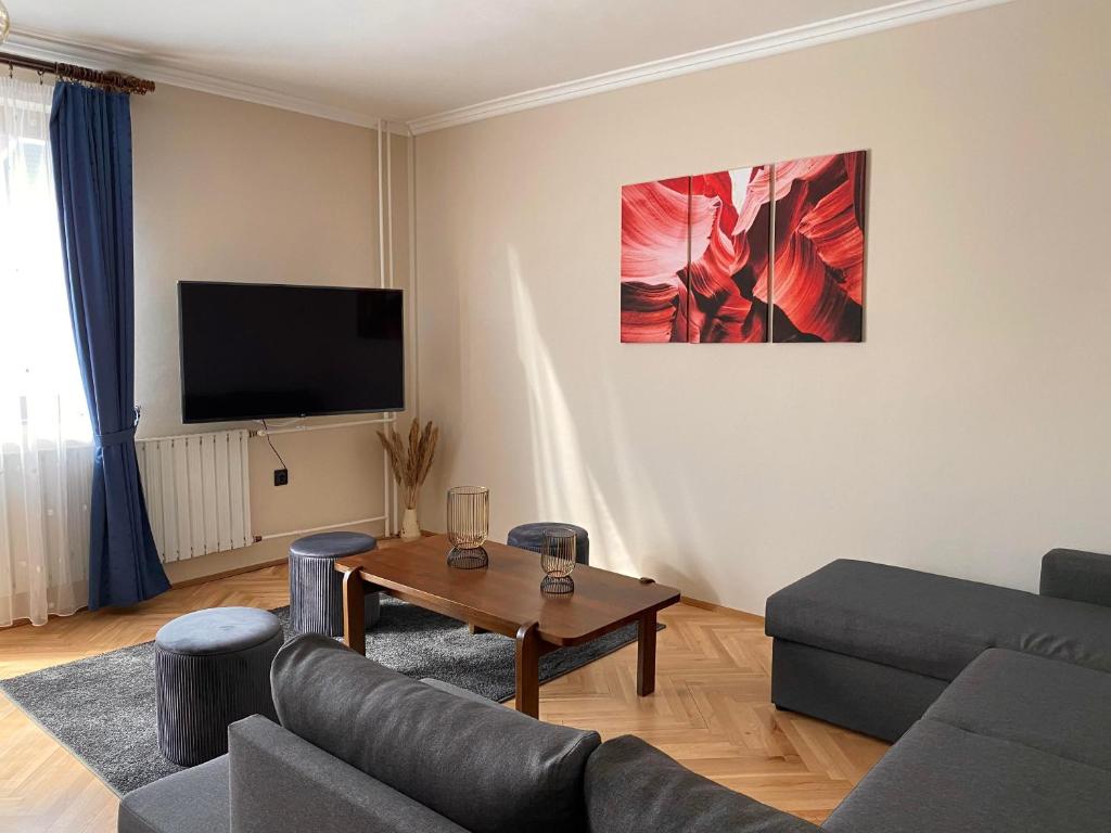 Televízia a/alebo spoločenská miestnosť v ubytovaní Vamos Apartman