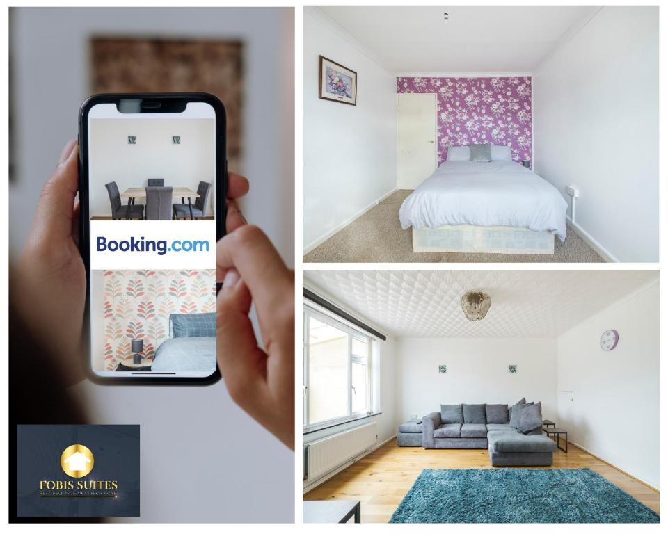 a person taking a picture of a bedroom and a living room at Fobis Suites Short Lets for 3 Bed Family Group Contractors Dagenham in Dagenham