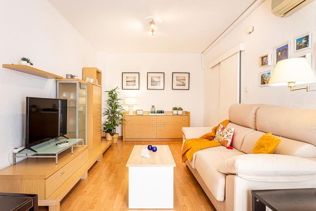 a living room with a couch and a tv at Precioso piso moderno: Terraza, A/C, NetFlix, WiFi in Valencia
