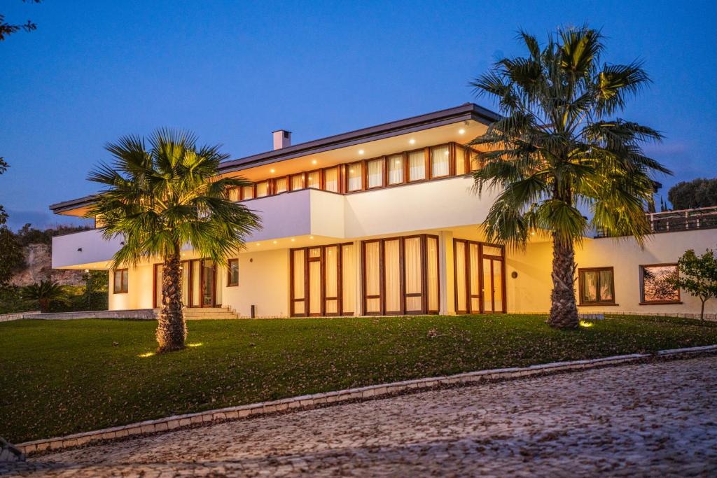 uma casa com duas palmeiras em frente em ARIA - Villa di Campagna em Montecorvino Rovella