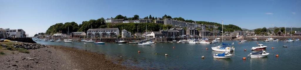 een groep boten is aangemeerd in een haven bij Bryn Goleu, Mersey Street, Borth-y-Gest in Porthmadog