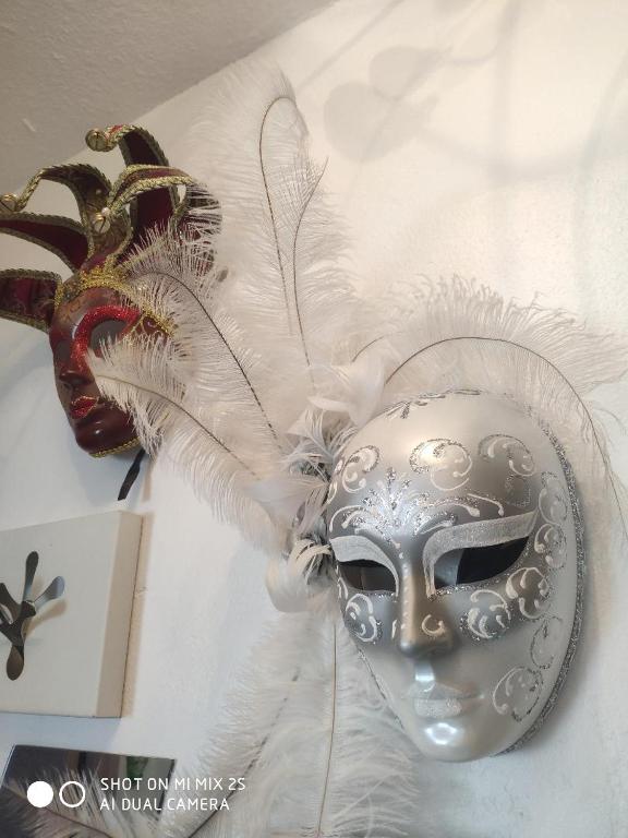 un masque de mascarade et un masque à plumes dans l'établissement Appart' Charmant Piccola Venezia, à Colmar
