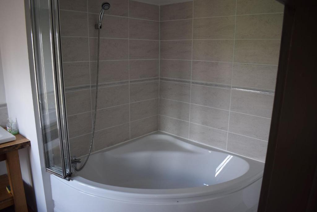 eine Badewanne mit Dusche und WC im Bad in der Unterkunft Chambre d&#39;hôtes de puy faucher in Arrènes