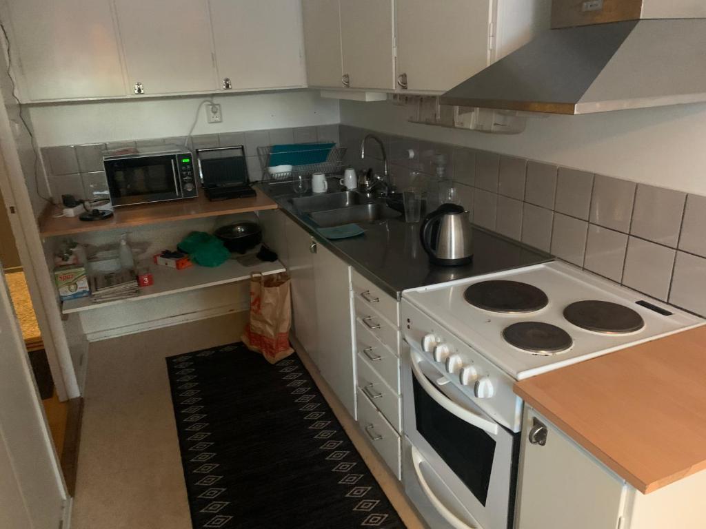 a small kitchen with a stove and a sink at Very Nice Apartment 15 minutes from Stockholm in Trångsund