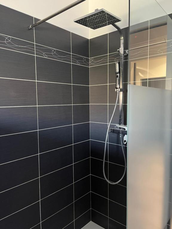 a bathroom with a shower with black tiles at Logement privé à proximité du Mont Ventoux in Carpentras