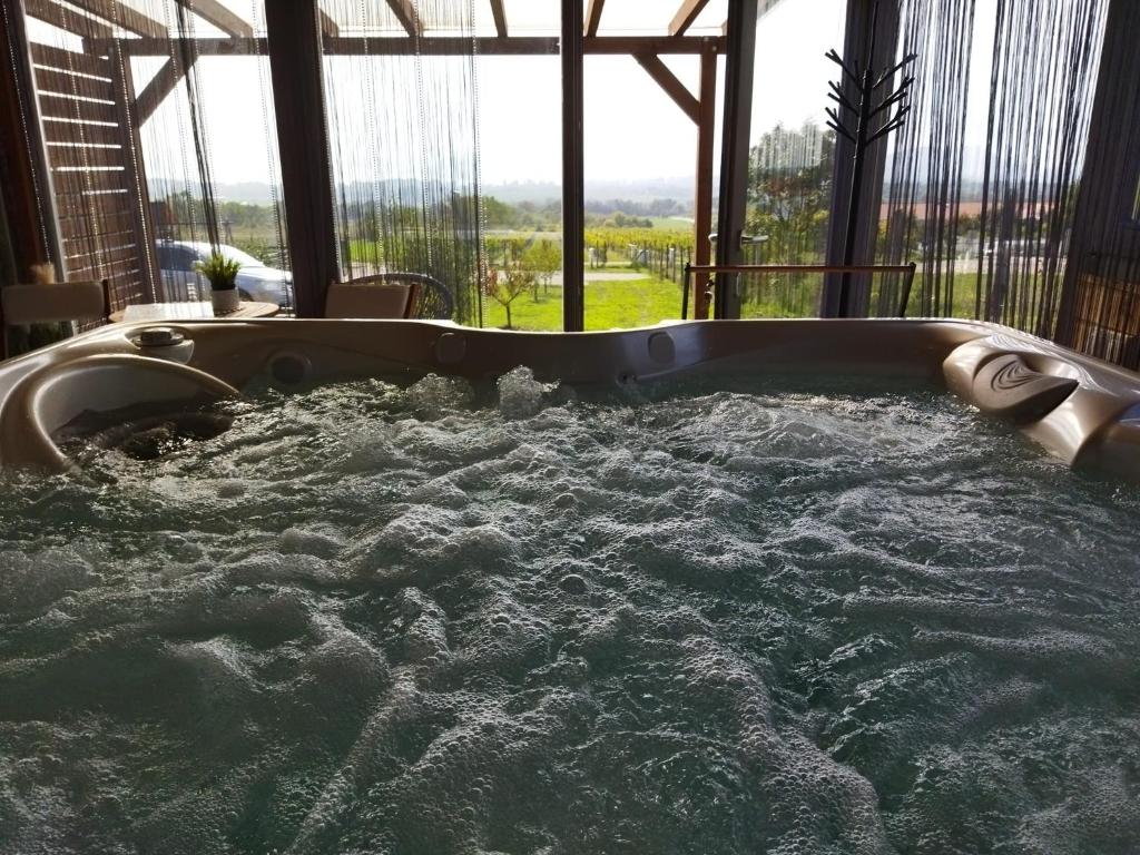 a jacuzzi tub in a room with a view at Lotti Residnece Familyar in Balatonfüred