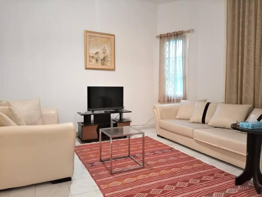 a living room with a couch and a tv at Appart Central in Tunis