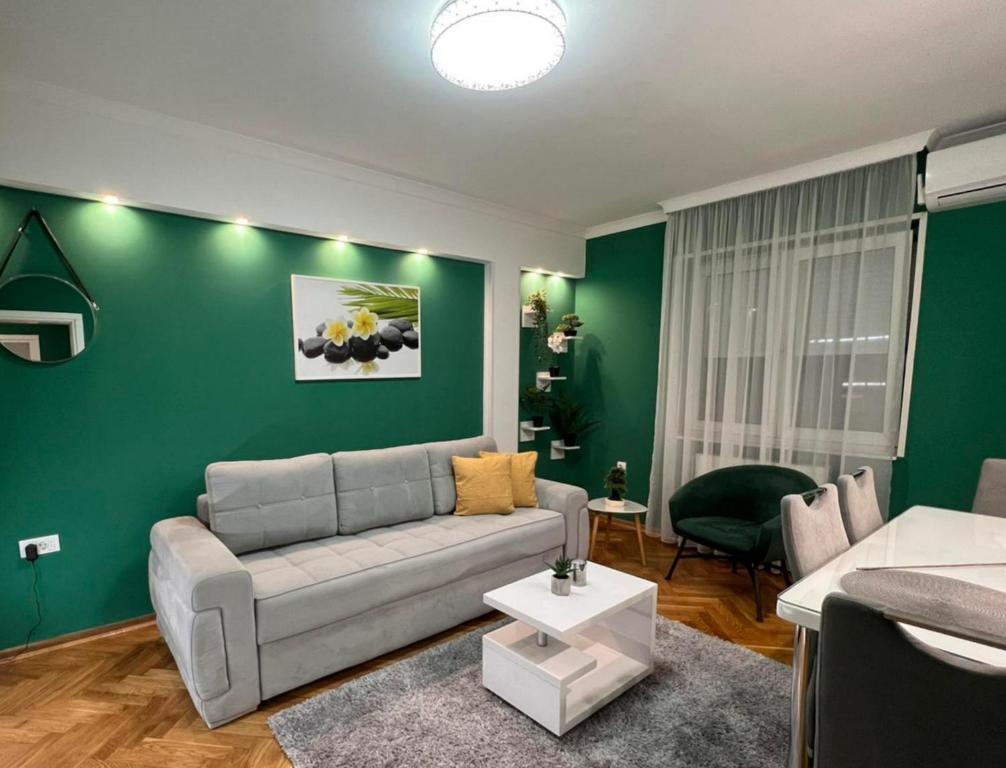 a living room with a couch and a green wall at Prestige Apartment in Novi Sad