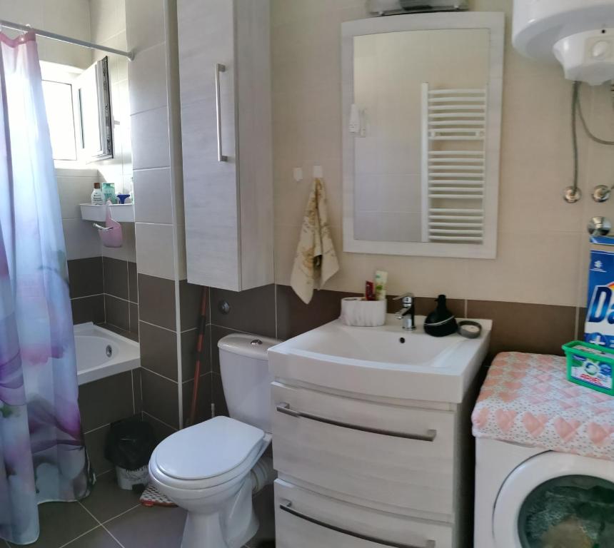 uma casa de banho com um WC branco e um lavatório. em Lux apartman Lena em Belgrado