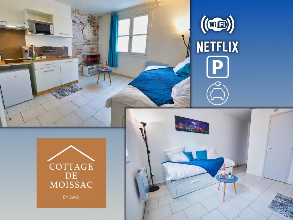 een collage van drie foto's van een keuken en een slaapkamer bij Studio style urbain "Cottage de Moissac" in Moissac