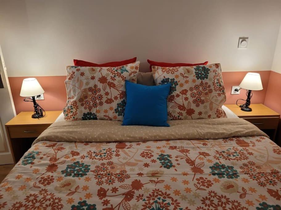 a bedroom with a bed with pillows and two lamps at Un beau T2 neuf à côté de Puy du Fou et la côte vendèene in Les Herbiers