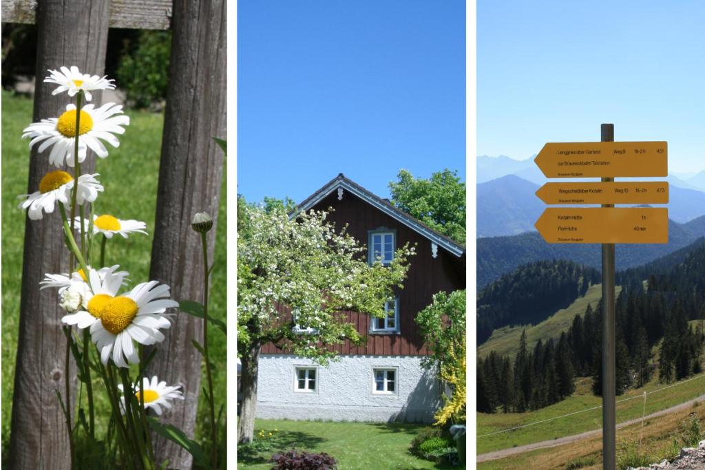 deux photos de fleurs et un panneau devant une maison dans l'établissement Gästehaus Werner, à Lenggries