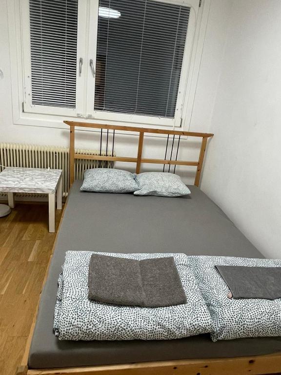 two beds in a room with a window at Nice rooftop hostel in Vienna