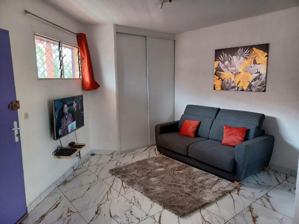 a living room with a blue couch and a rug at Le Studio de Jo in Cayenne