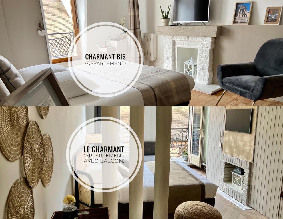 un collage de una sala de estar con silla y chimenea en Centre historique Dijon "Le Charmant" et "Le Charmant Bis", en Dijon