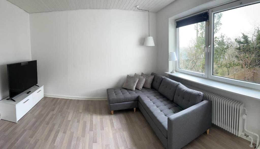 a living room with a couch and a tv at Great View Apartments 2 in Aalborg