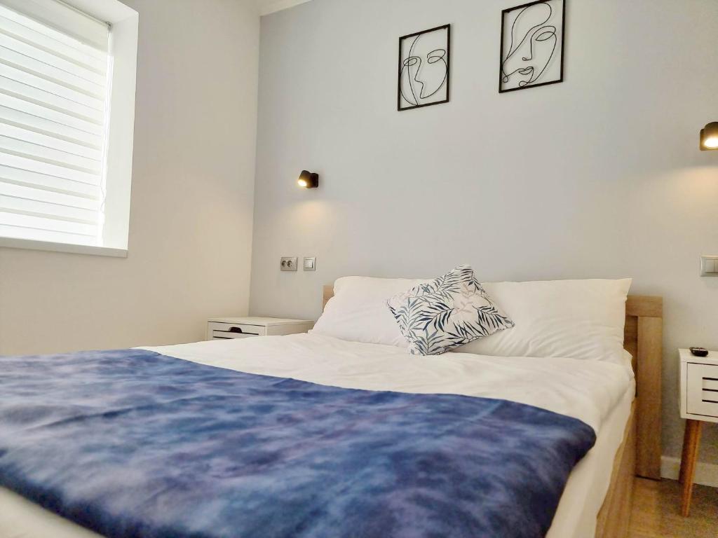 ein Schlafzimmer mit einem Bett mit einer blauen Decke darauf in der Unterkunft Casa Pavel in Porumbacu de Sus