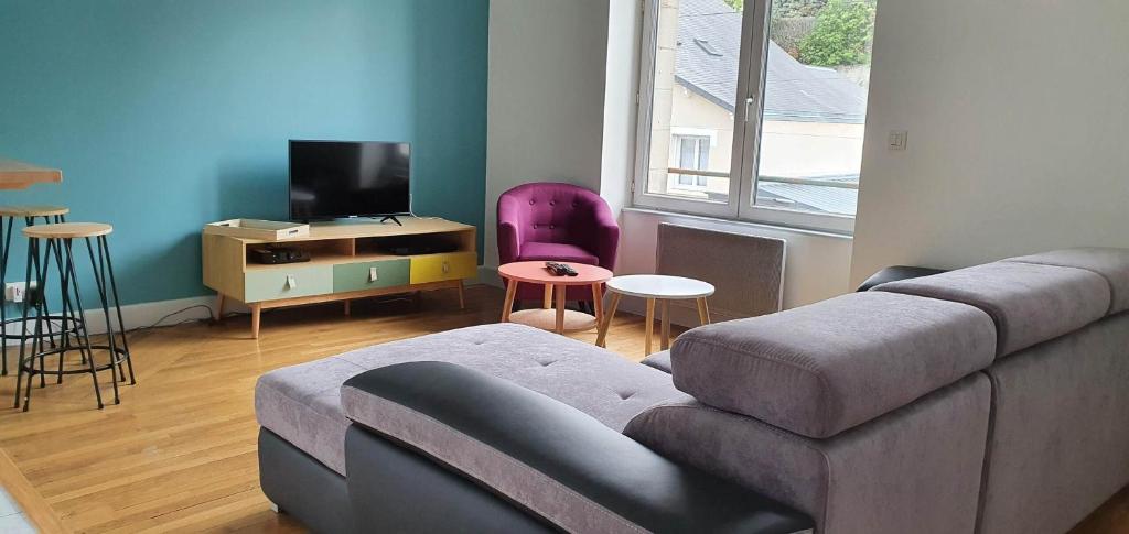 a living room with a couch and a tv at Résidence Auger in Bourges