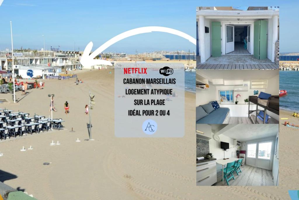 a collage of photos of a beach with a sign at Le Vrai Cabanon de la Plage Clim-Wifi-Netflix in Marseille