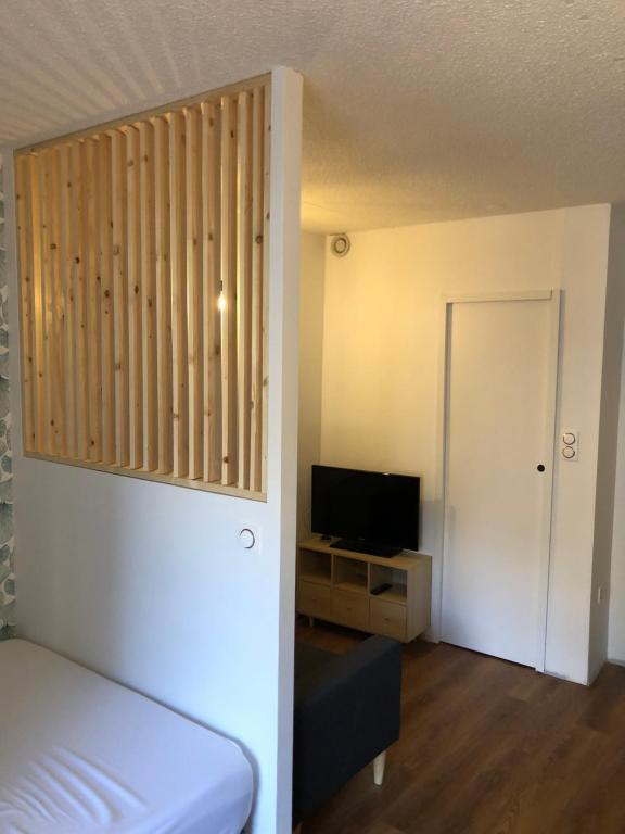 ein Wohnzimmer mit einem Bett und einem TV in der Unterkunft Appart au cœur de la ville (vue montagne) in Cauterets