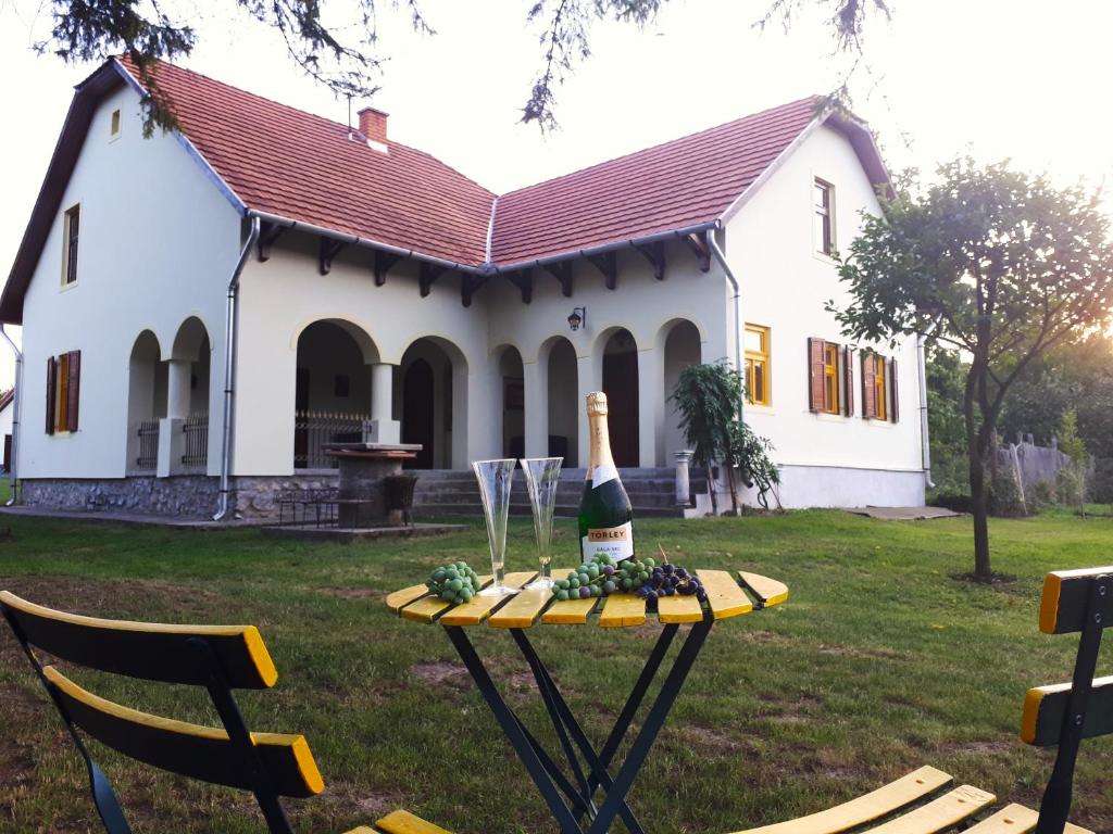 a bottle of wine on a table in front of a house at Patak Üdülőház (Ferienhaus) in Nagyvisnyó