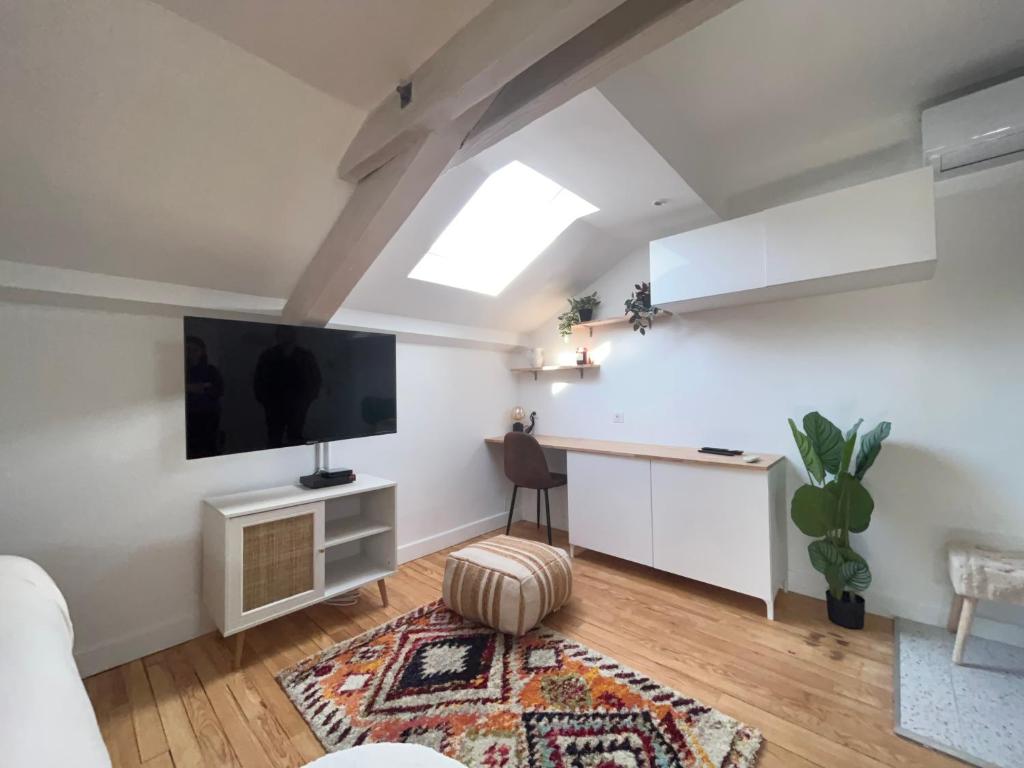 salon z telewizorem z płaskim ekranem na ścianie w obiekcie Superbe studio plein de charme proche du centre Tonnet w mieście Clermont-Ferrand