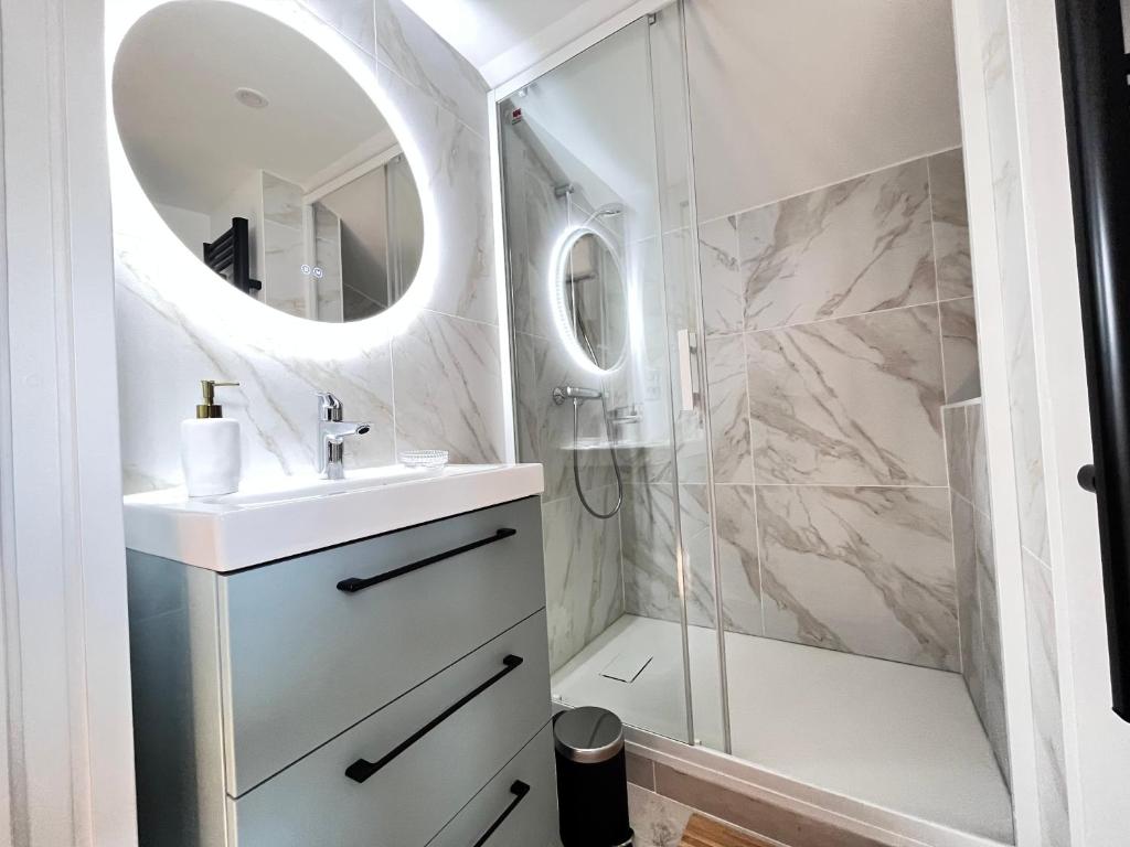 W łazience znajduje się prysznic, umywalka i lustro. w obiekcie Superbe studio plein de charme proche du centre Tonnet w mieście Clermont-Ferrand