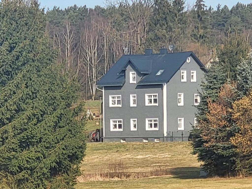 a large gray house in a field with trees at Auf der Reuth in Selb