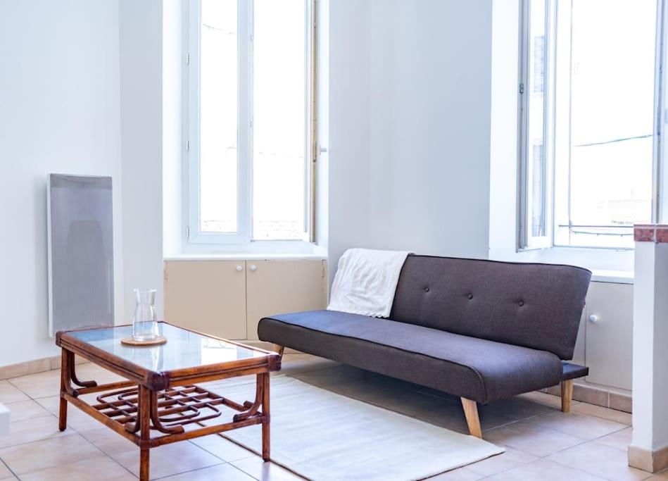 - un salon avec un canapé et une table basse dans l'établissement T2 aménagé Palais Longchamp, à Marseille